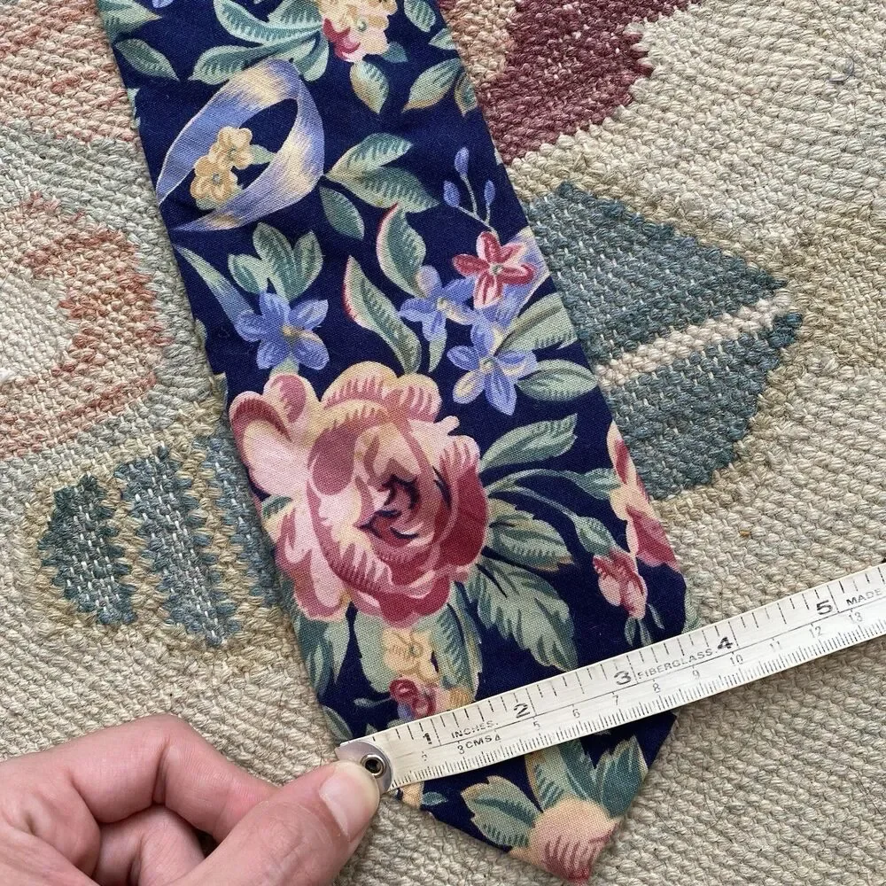 Vintage 90s Cotton Floral Tie Tango Max Raab Navy Blue Woven Made in USA Dark